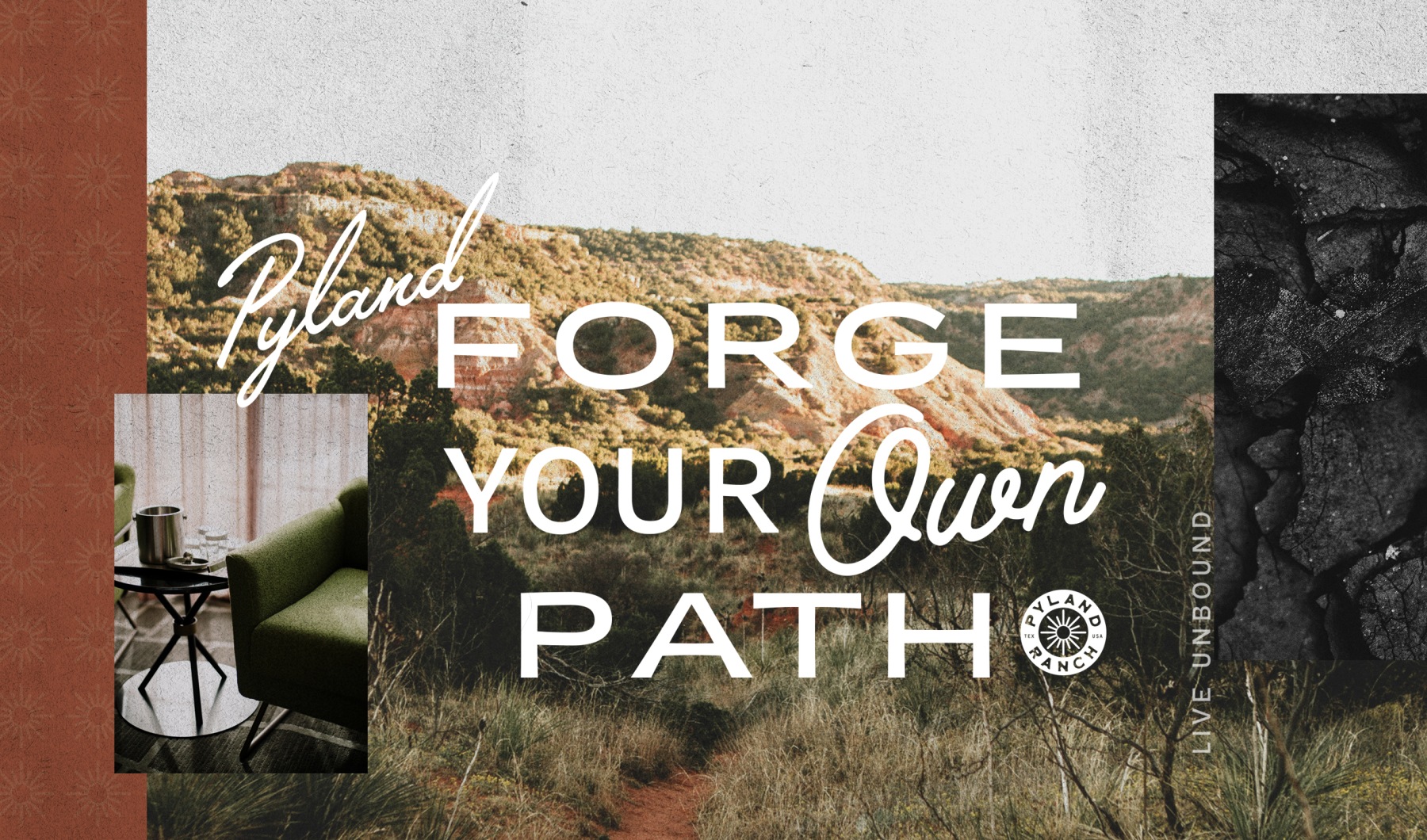 Crafted for Luxury. Forged in Tradition. Image of nature with abstract graphical elements and Forge Your Own Path text on top